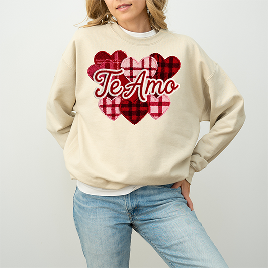 Patch Hearts Faux Yarn Crewneck - Hand Printed in the USA